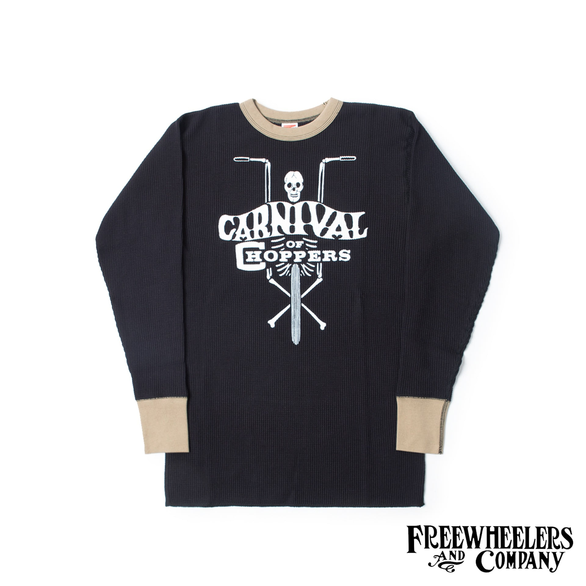 [POWER WEAR]1950s STYLE UNDERWEAR“CARNIVAL OF CHOPPERS”CREW NECKED THERMAL LONG SLEEVE SHIRT(Black x Oil Stain)