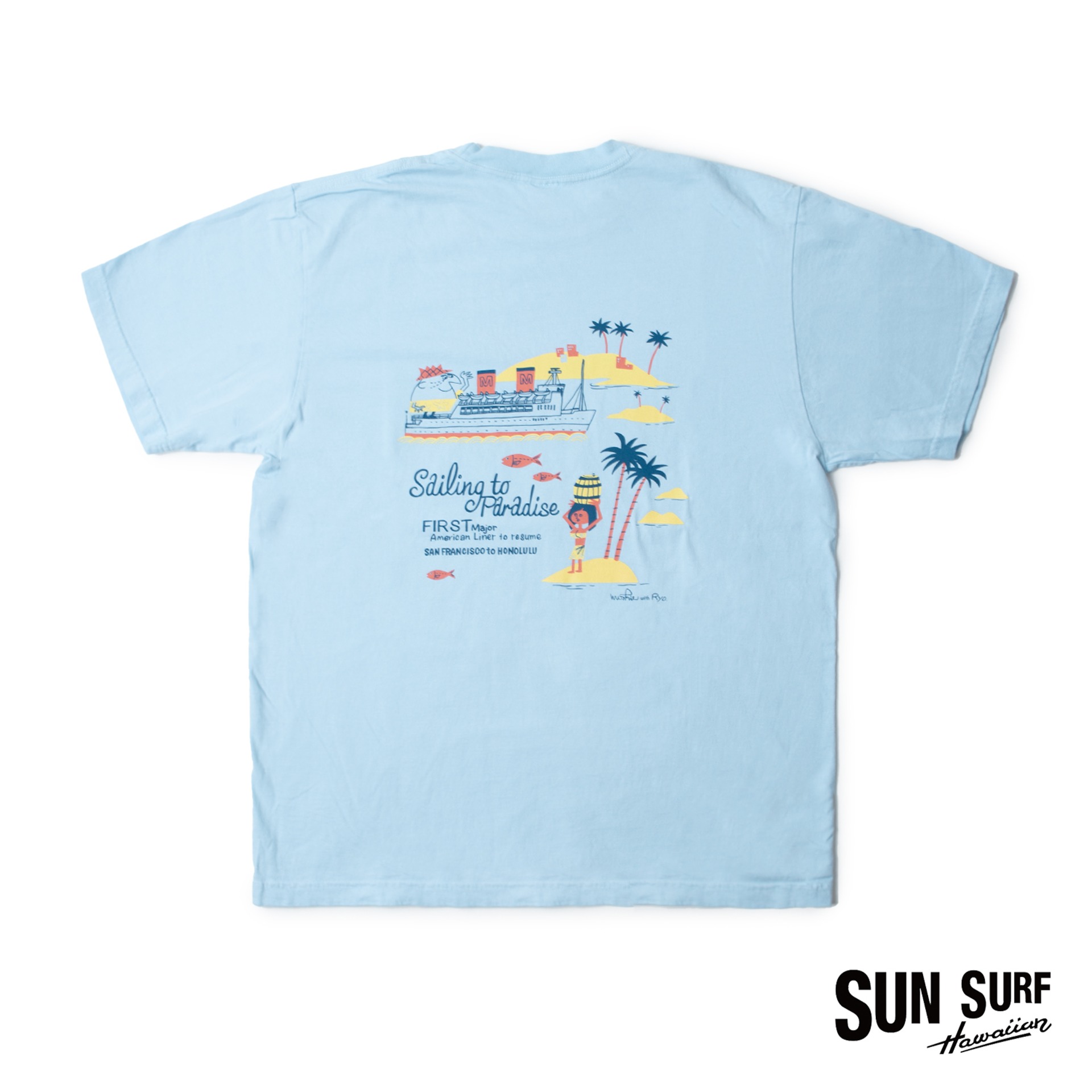 S/S T-SHIRT  &quot;SAILING TO PARADISE&quot;  BY RYOHEI YANAGIHARA with MOOKIE (Blue)